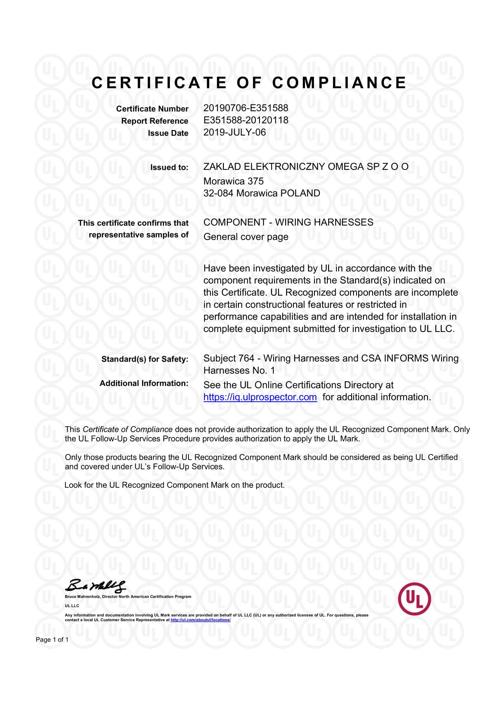 Certyfikat UL Zakład Elektroniczny Omega