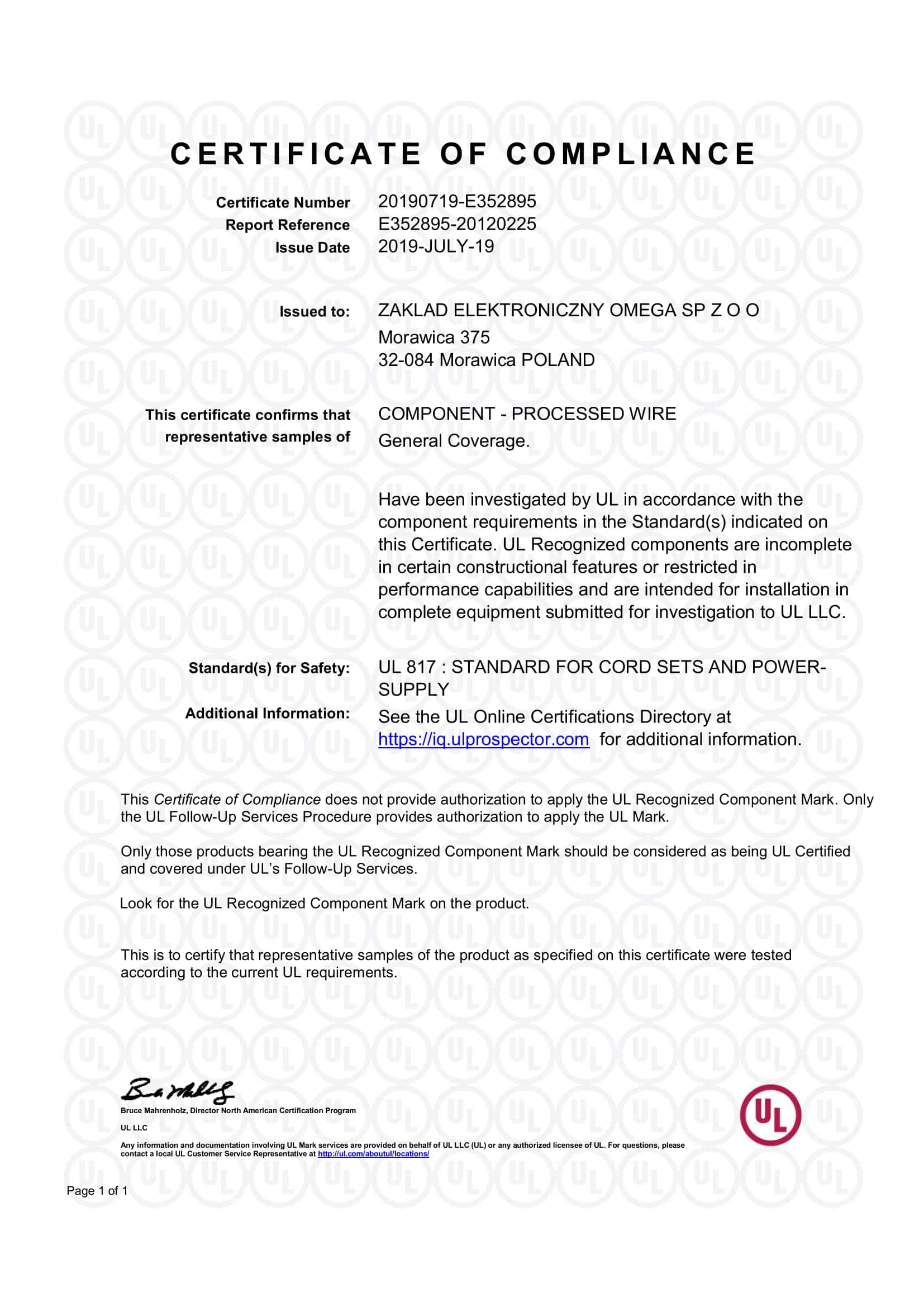 Certyfikat UL Zakład Elektroniczny Omega