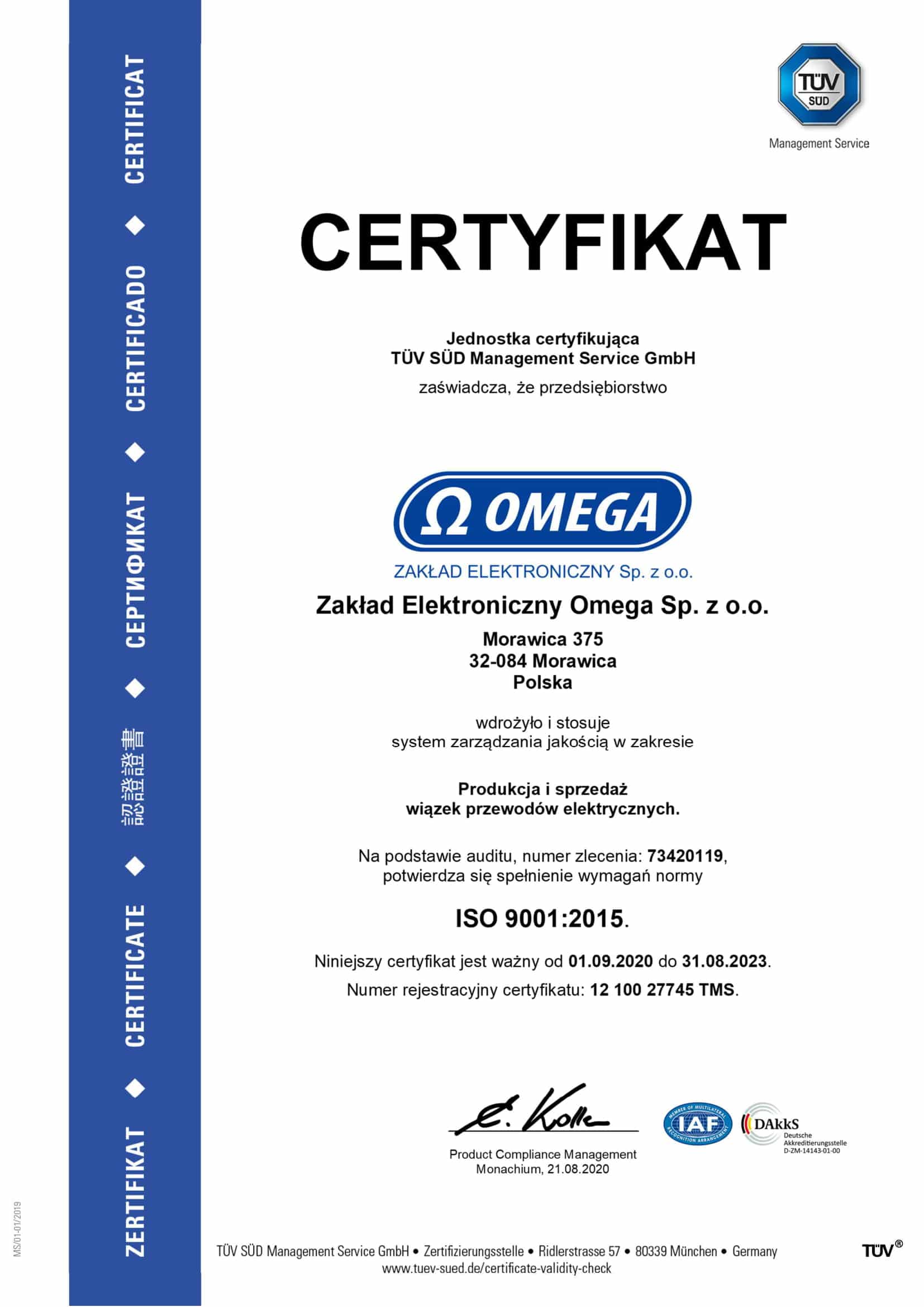 Certyfikat ISO 9001:2015 Zakład Elektroniczny Omega