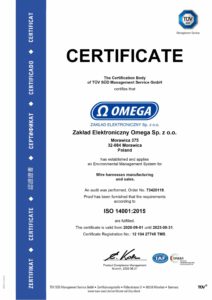 Certyfikat ISO 14001:2015 Zakład Elektroniczny Omega